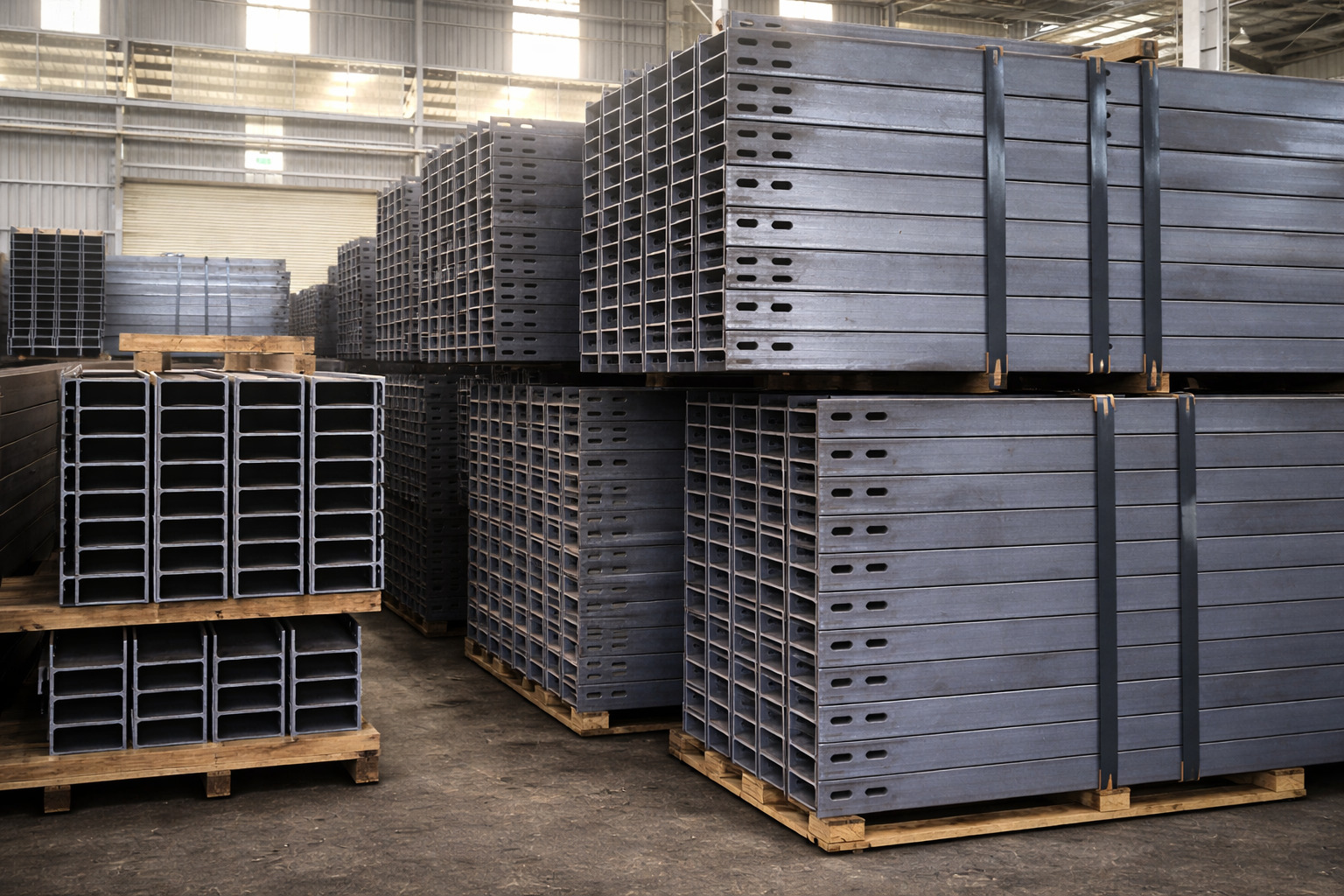 Galvanized beam post bundles packed for shipment